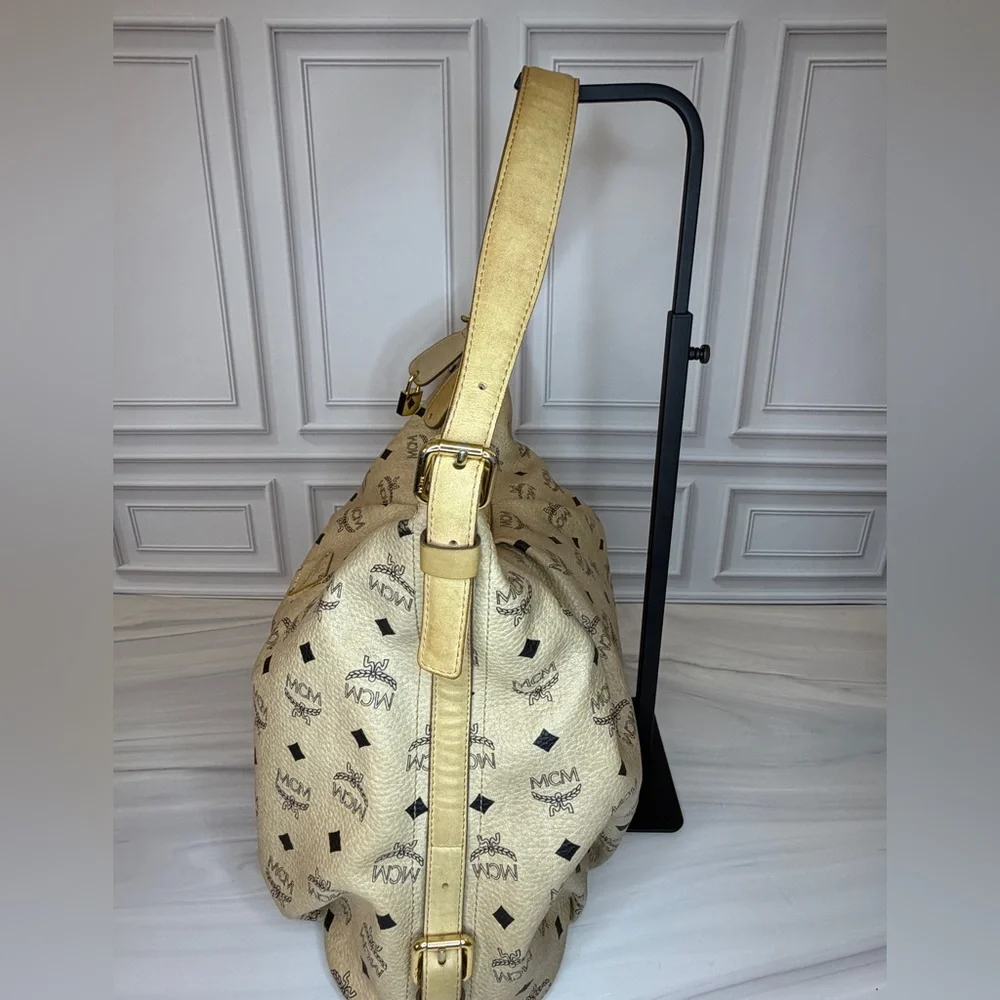 MCM Light Beige Visetos Leather Monogram Hobo Shoulder Bag | Lock & Key Included
